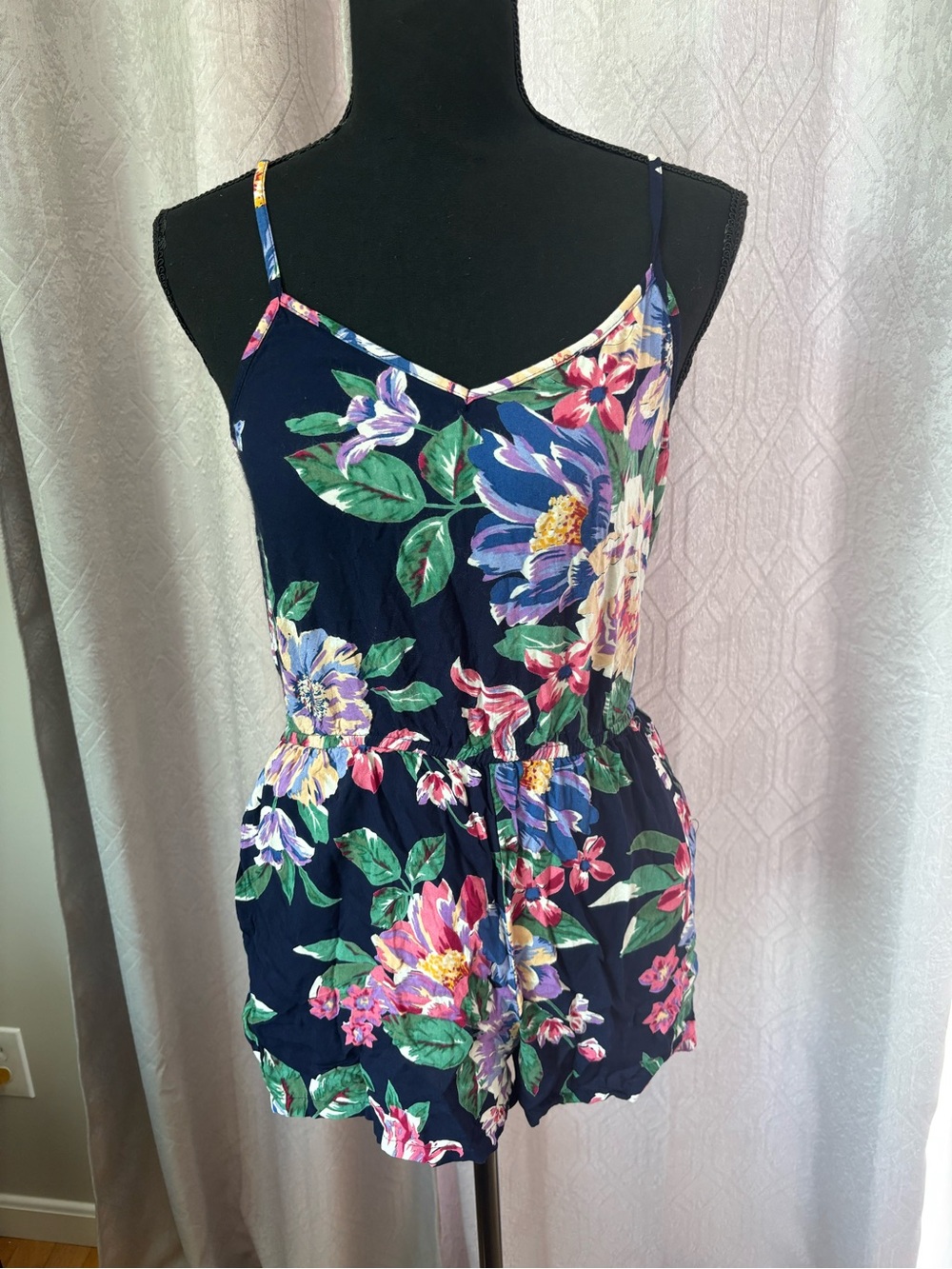 Angie Navy Floral Strap Romper with Pink & Green Blossoms